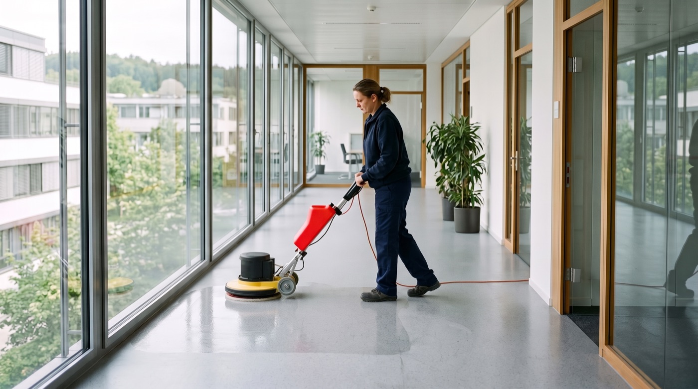 Grundreinigung eines Vinylbodens mit der Einscheibenmaschine in einem Büroflur