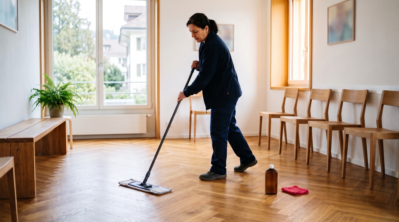 Schonende Parkettreinigung mit Mikrofasermopp im Wartezimmer einer Praxis