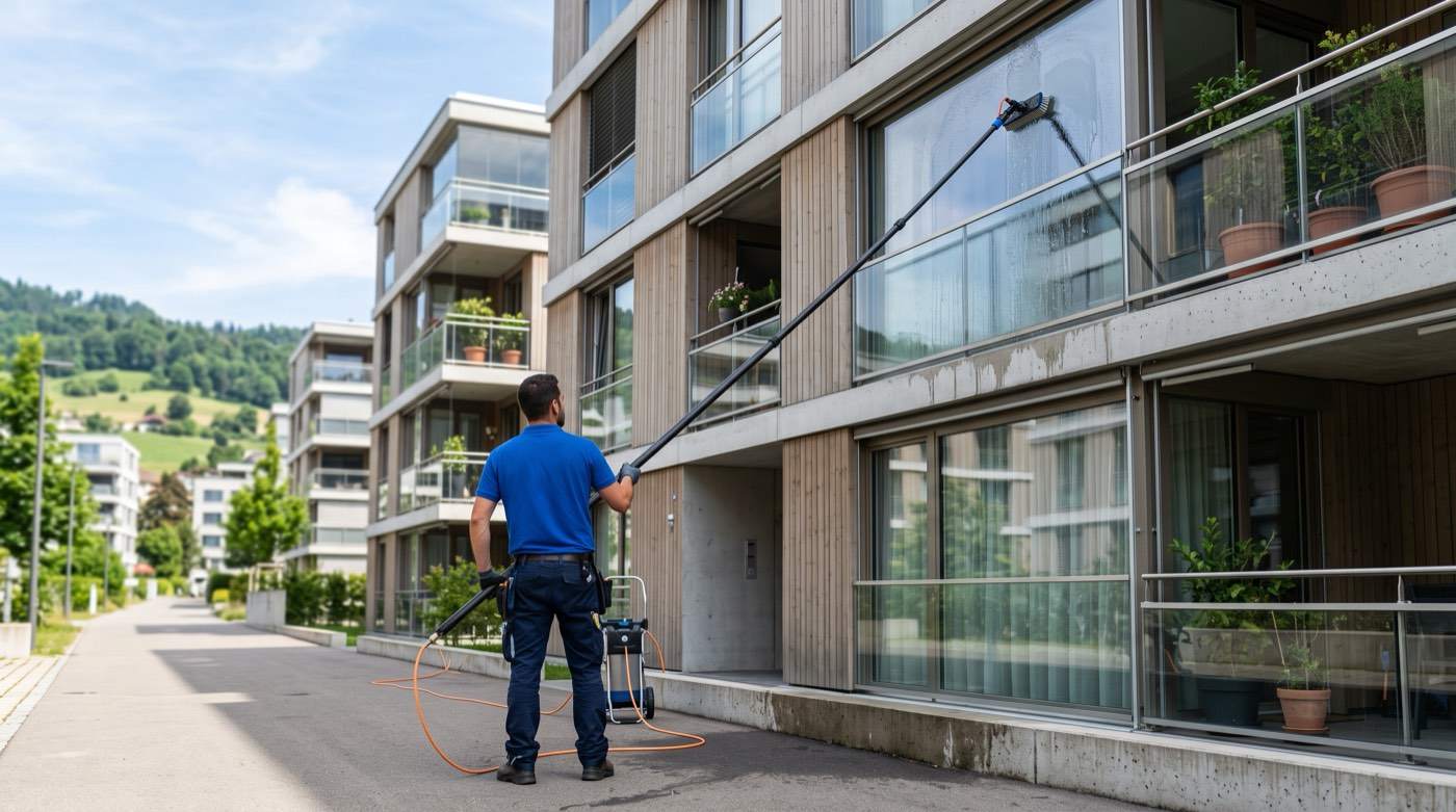 Fensterreinigung mit Osmose-Teleskopstange an einer Fassade
