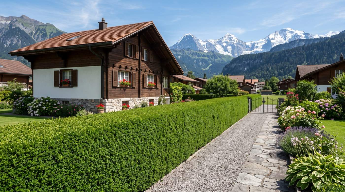 Frisch geschnittene Hecke an einer Zürcher Liegenschaft