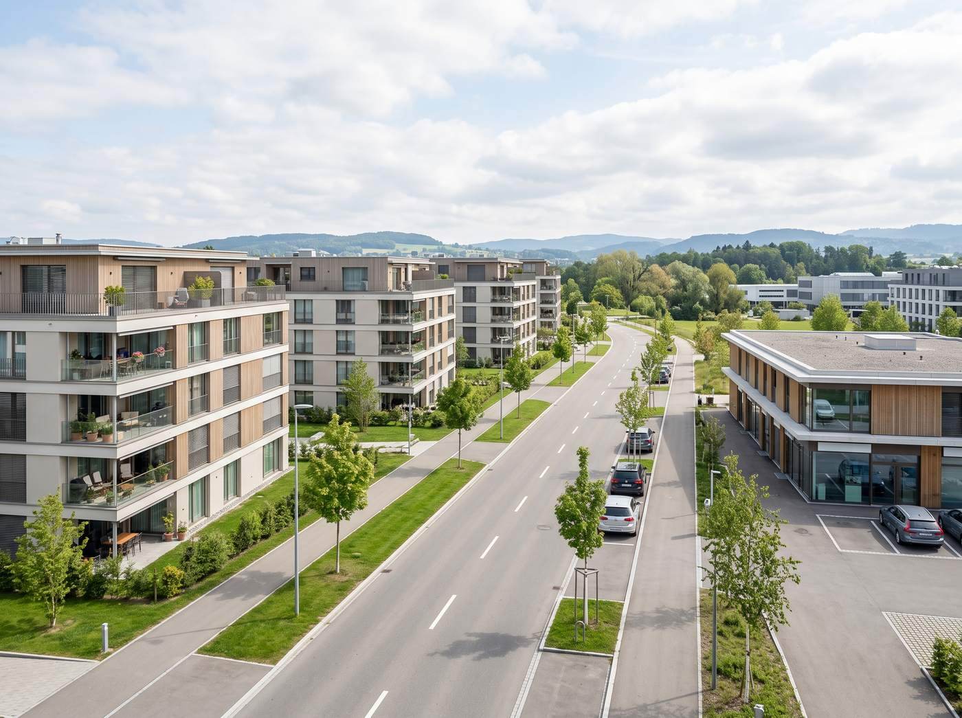 Moderne Wohn- und Geschäftsbauten im Glattal bei Zürich