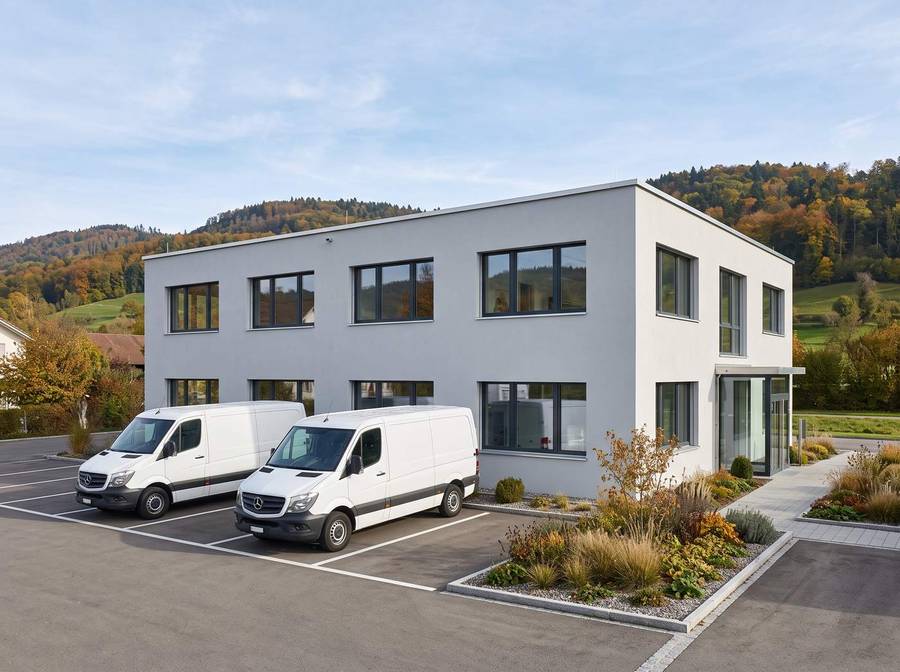 Gebäude mit Lieferwagen auf dem Parkplatz