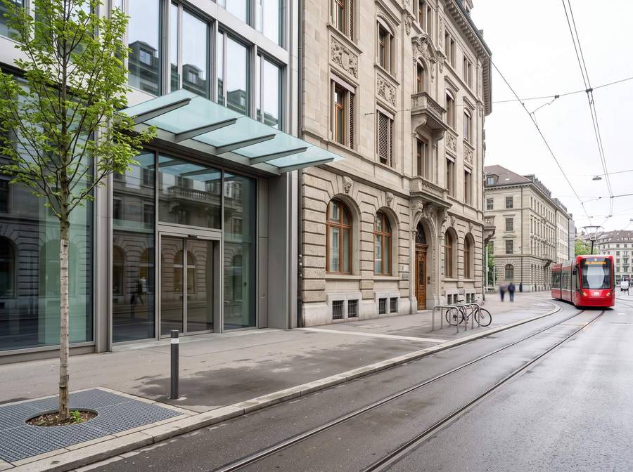 Bürogebäude und Altbaufassade in der Stadt Zürich