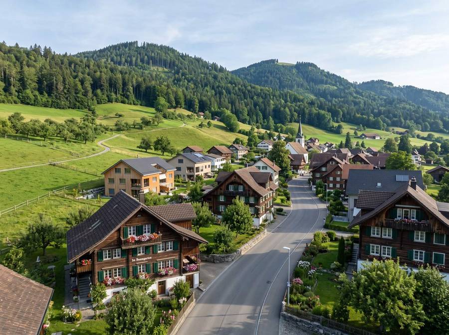 Dorf mit Wohnhäusern, Wiesen und bewaldeten Hügeln
