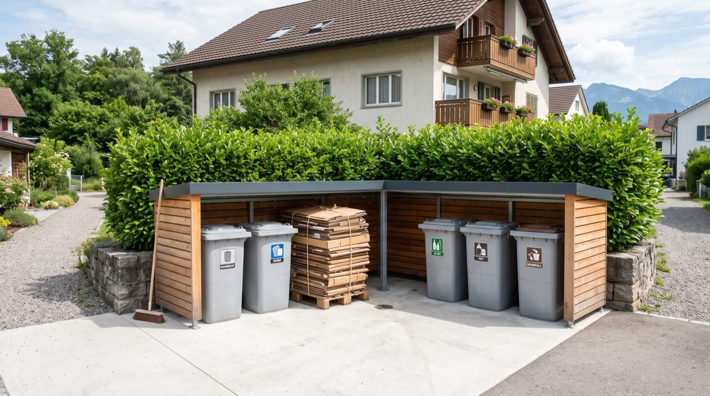 Saubere Entsorgungsstelle mit sortierten Containern