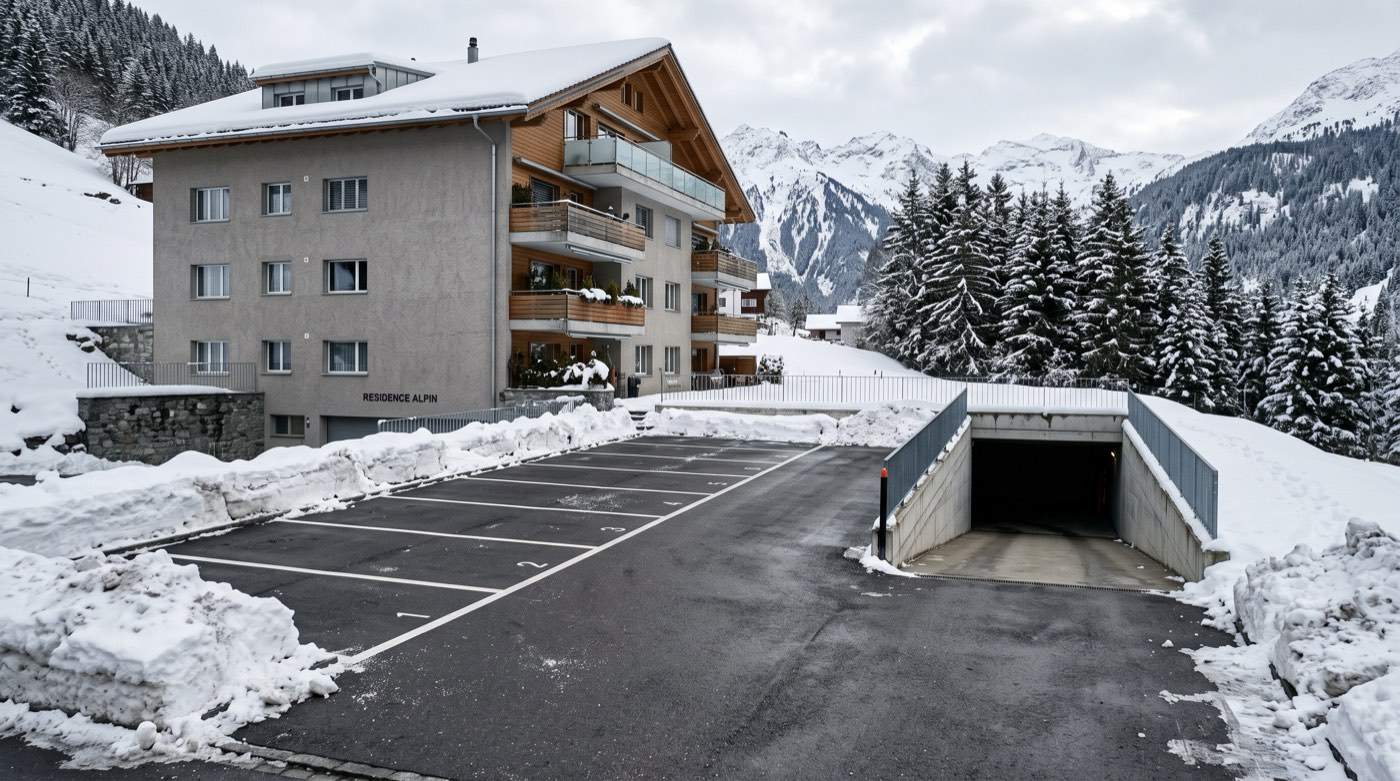 Geräumte Parkfläche und Garagenrampe im Winter